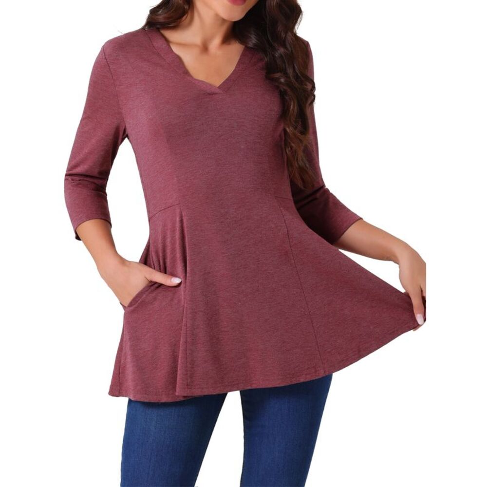 V Neck 3/4 Sleeve Tops Fall Casual T Shirts A Line Basic Blouses Wine Red